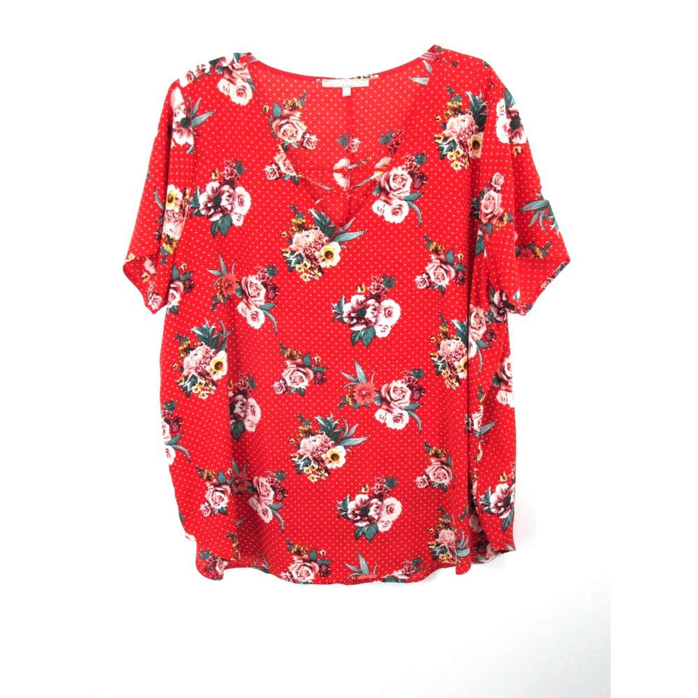 NWOT SWEET RAIN Pullover Blouse Tunic Top Women 3X Red Floral Cottage Core VNeck